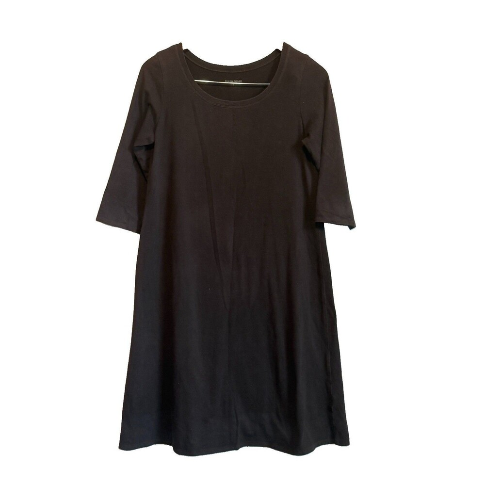 EILEEN FISHER Dress S Organic Cotton Stretch Jersey Elbow Sleeve Mussel Brown